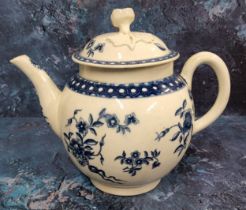 A Worcester Ribbon Root pattern globular teapot and cover, decorated in underglaze blue with