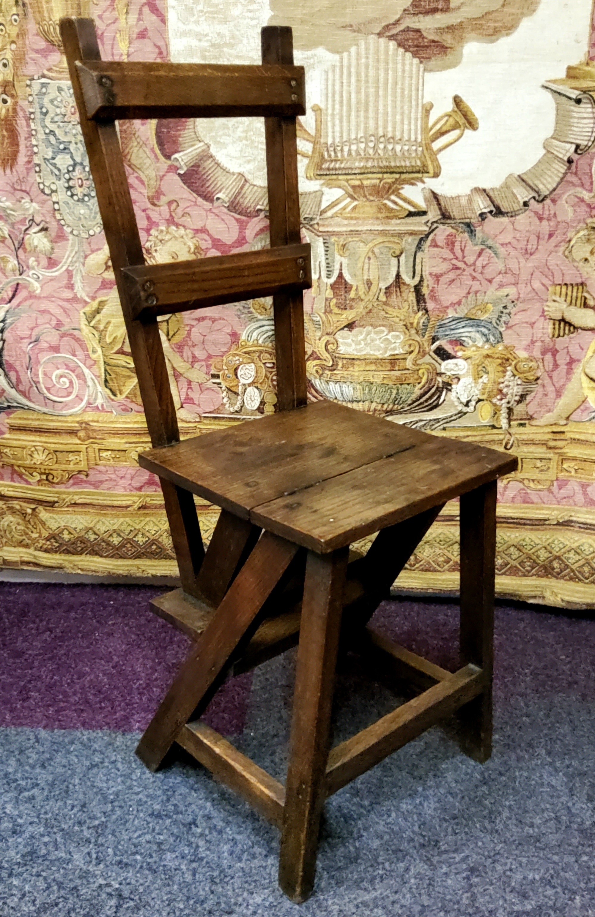 An early 20th century metamorphic library chair, the hinged back splat folds to make a set of - Image 2 of 4