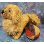 A mid 20th century golden mohair Pekingese dog, with ball amber and black plastic eyes, black