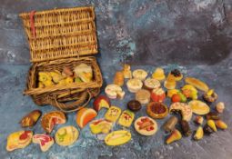 Doll House Accessories - plaster of paris cakes, bread, fruit, vegetables, wicker picnic basket etc