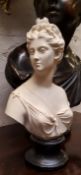 After Jean-Antoine Houdon, a composite bust, Diana, turned black socle, inset with lead medallion