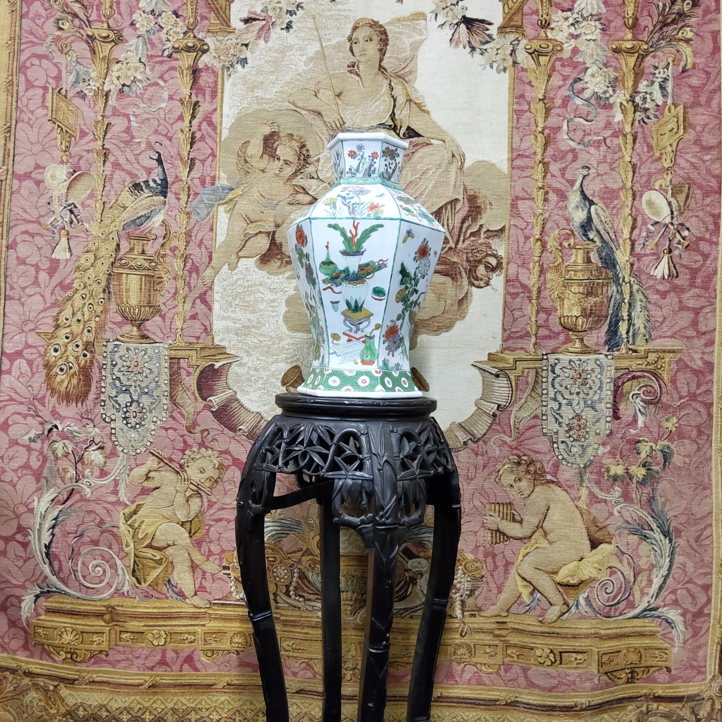 A Chinese famille verte hexagonal vase,  the hexagonal baluster form, decorated with panels of - Image 2 of 6