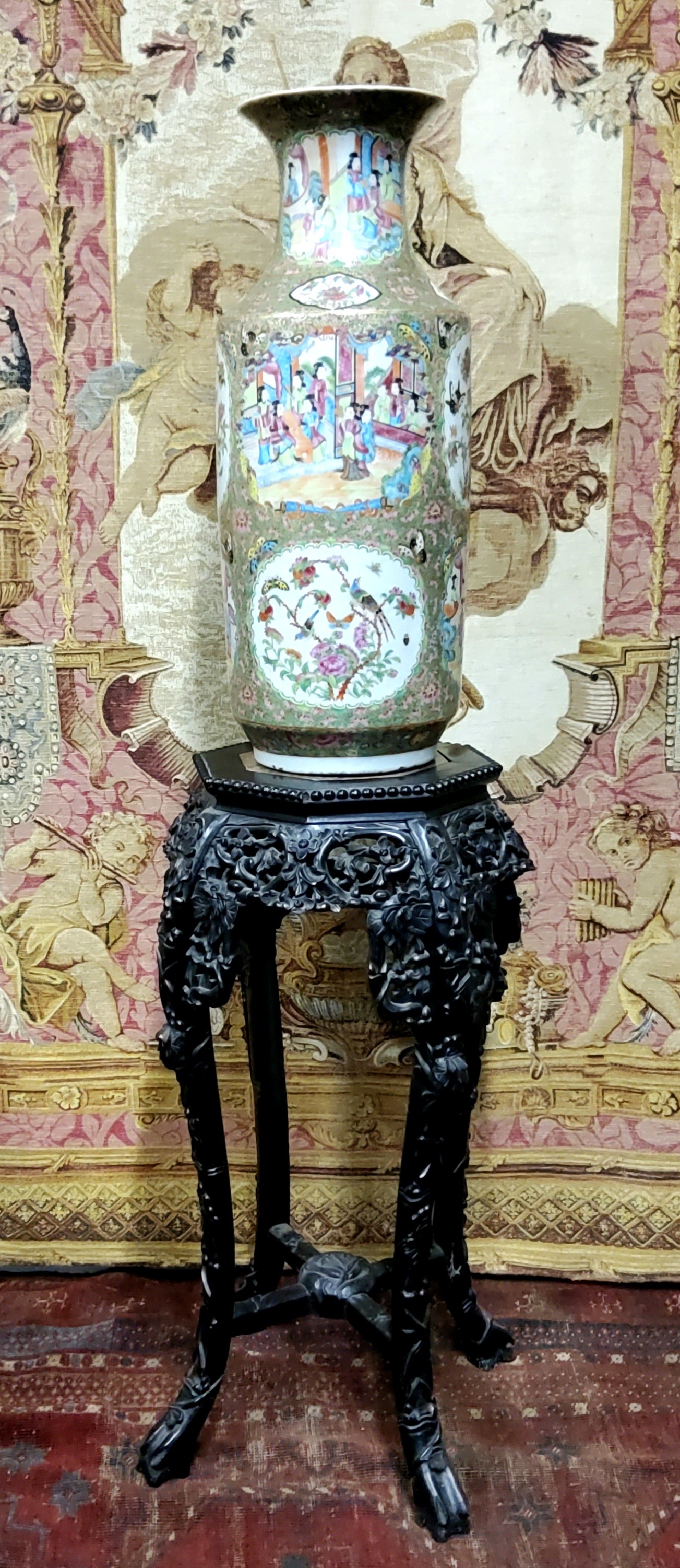 A large 19th century Cantonese Famille Rose vase, the cartouche panels decorated with figures - Image 3 of 5