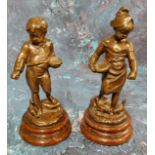 Louis Kley (1833 - 1911), dark patinated bronzes, a pair, Feeding the Chickens, rouge marble