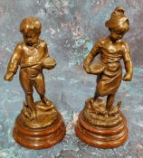 Louis Kley (1833 - 1911), dark patinated bronzes, a pair, Feeding the Chickens, rouge marble