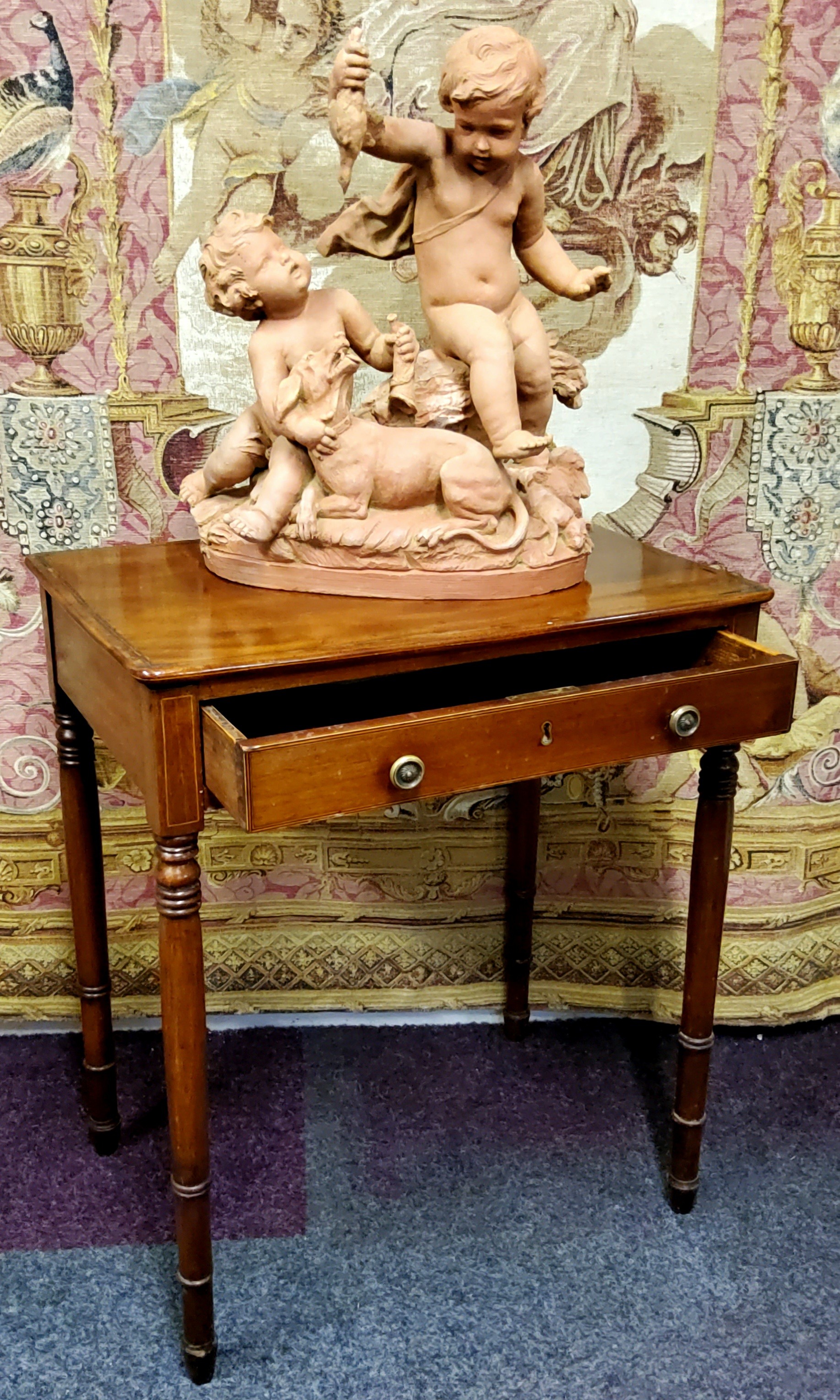 A 19th century flamed mahogany rounded rectangular hall table, satinwood inlaid throughout, one long - Image 2 of 4