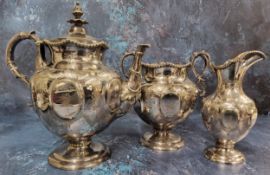 A Victorian E.P.B.M. three piece coffee service, of pedestal ovoid form, embossed with ovals,