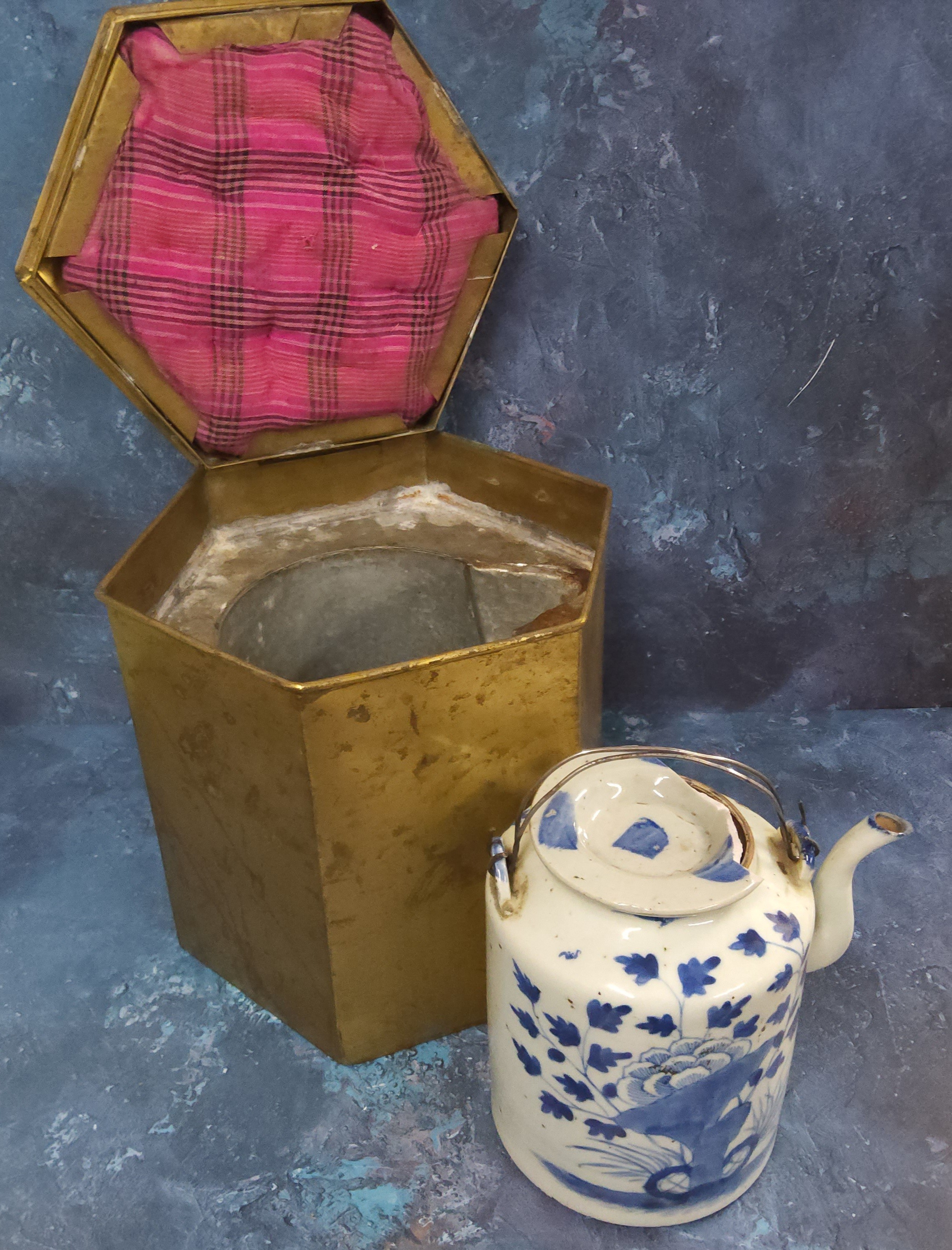 An early 20th century Chinese cylindrical teapot and cover,   decorated in underglaze blue with