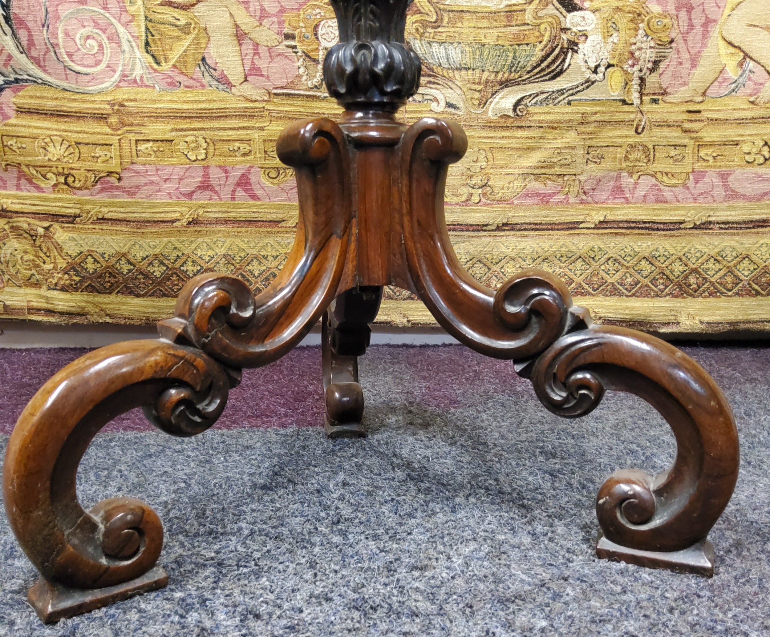 An unusual rosewood wine table, the dished glazed top inset with circular hand painted watercolour - Image 5 of 6