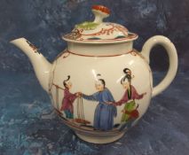 A Worcester globular Boy at the Window teapot and cover, painted with traditional Chinoiserie