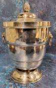 A silver plated pedestal ovoid ice bucket and cover, bud finial, lion mask loose ring handle,