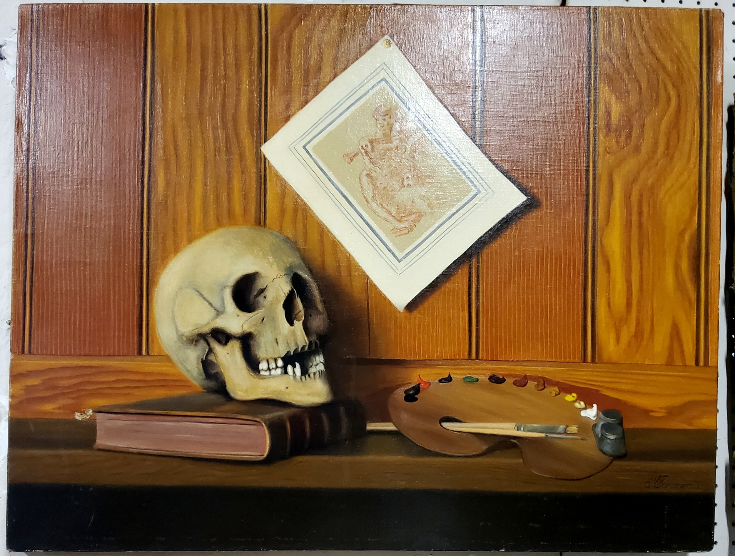 A** Fremont, French School, Still Life Observation of Skull, Artist Pallet and Book, signed, oil