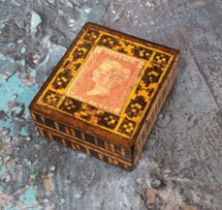 A Victorian Tunbridge ware rectangular stamp box, the cover with Penny Red, 4.5cm wide, c.1870