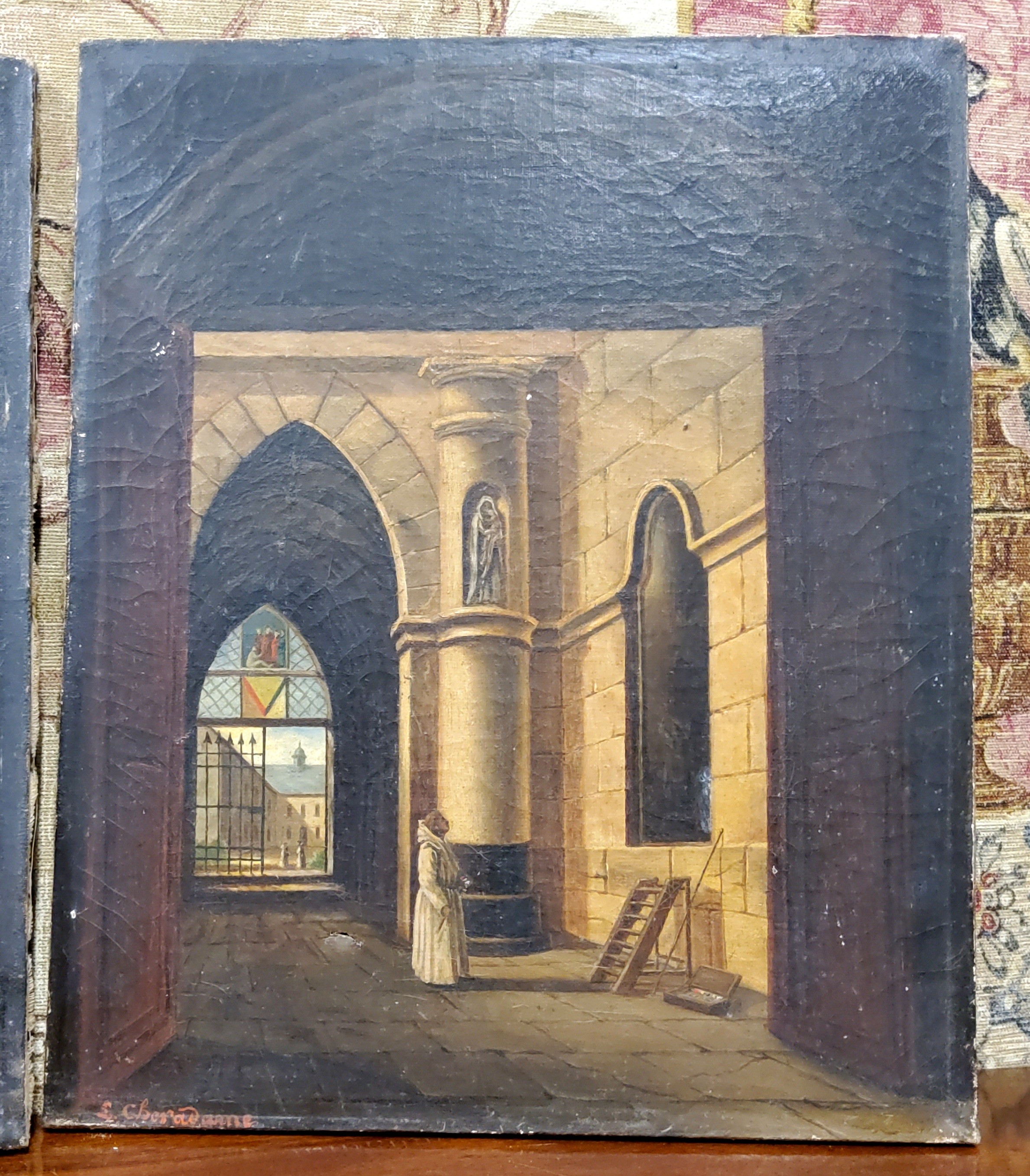 French School (19th Century)  Monastery Interiors At Dusk, a near pair, Indistinctly signed, oil - Image 2 of 5