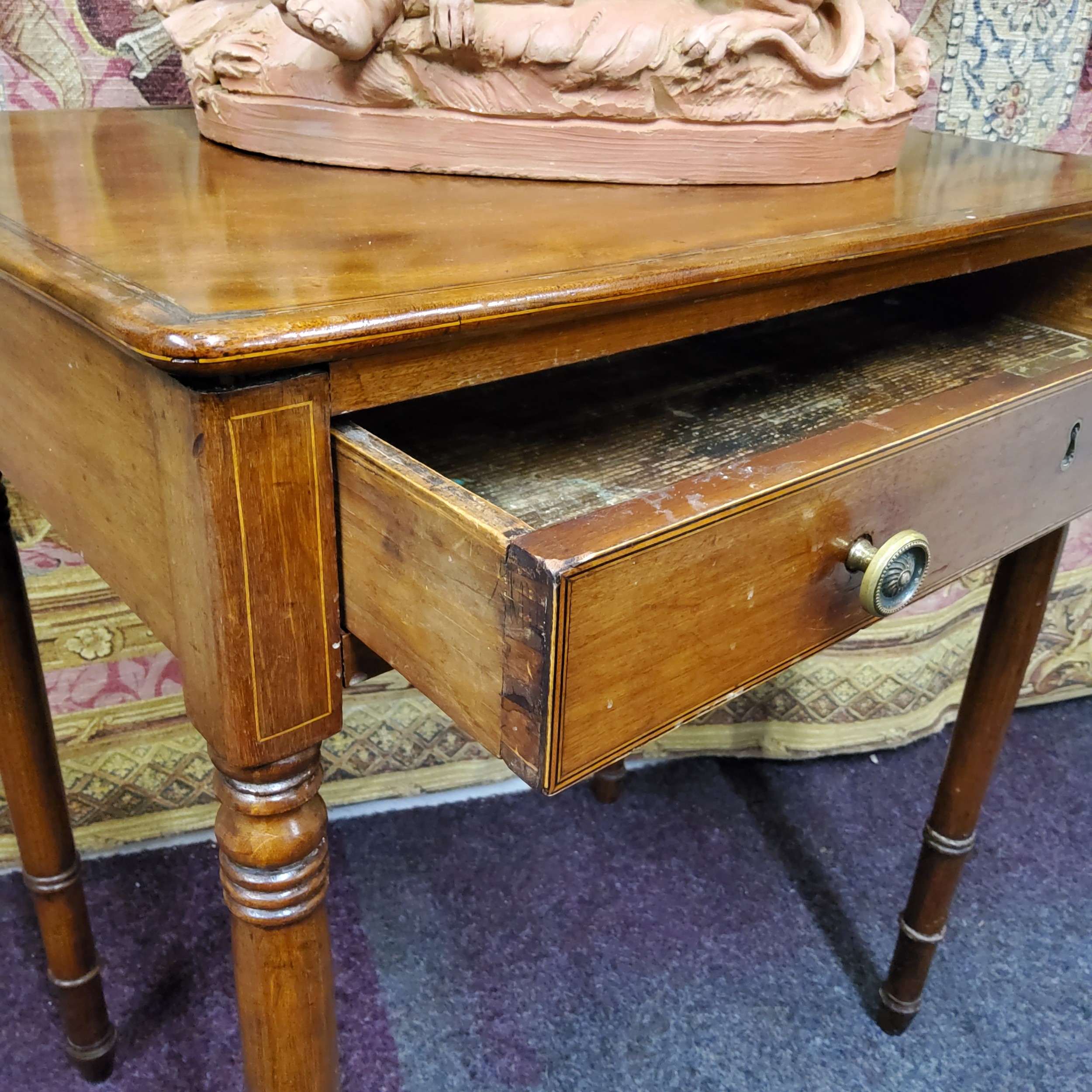 A 19th century flamed mahogany rounded rectangular hall table, satinwood inlaid throughout, one long - Image 3 of 4