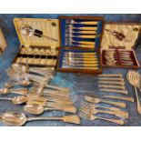 Plated Ware - a set of six EPNS cake forks and server, cased; a set of six dessert spoons and