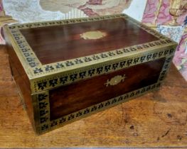 A George IV rosewood and brass marquetry campaign writing box, pierced border, fitted interior,