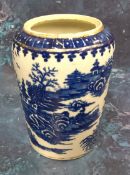 A Worcester Cormorant tapering oval canister, decorated in underglaze blue, cell border, 10cm