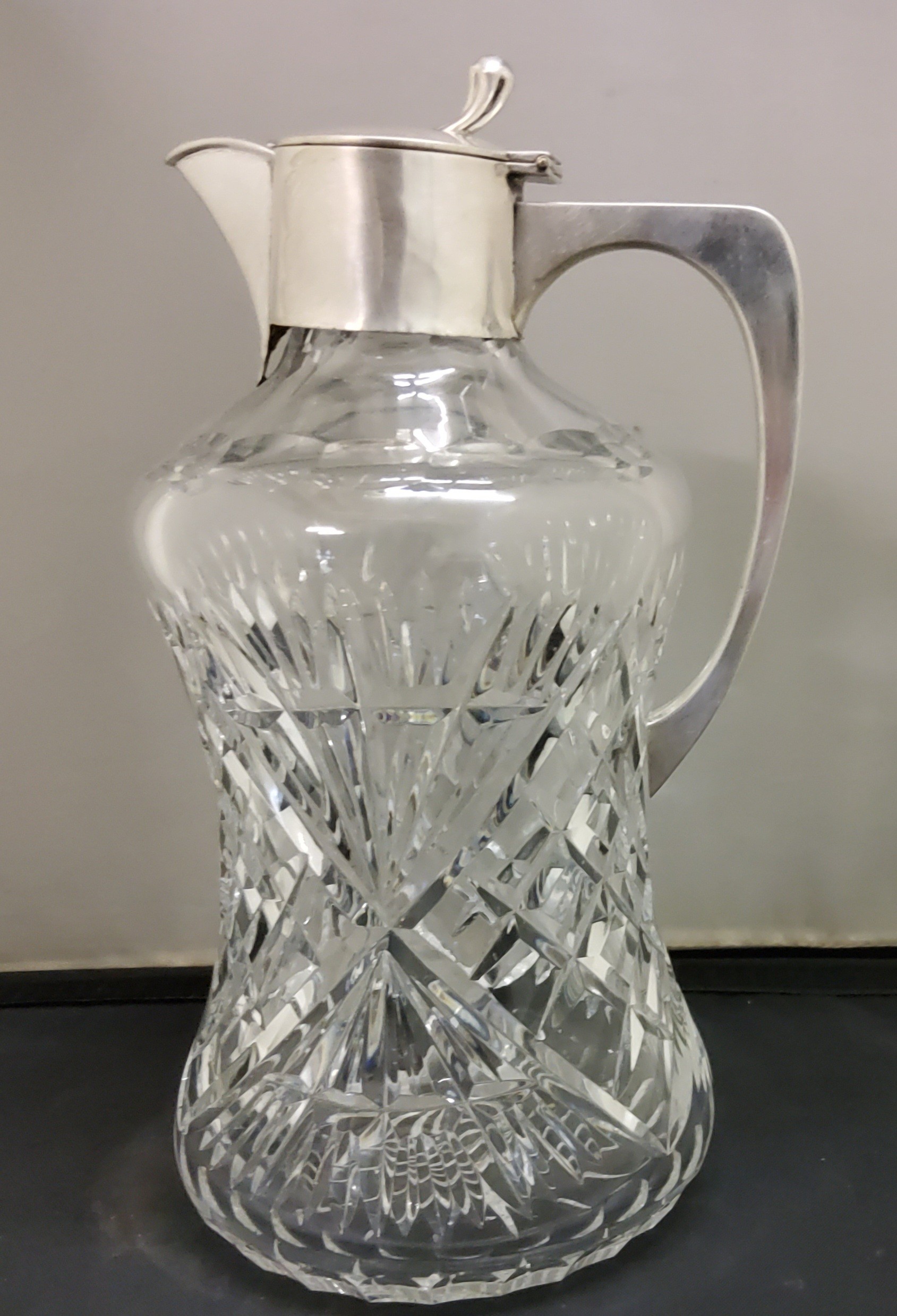 A silver mounted claret jug, of waisted cylindrical form, slice cut, hinged cover, 25cm high, - Image 3 of 4