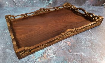 A Chinese hardwood rectangular gallery tray, pierced fret gallery, 39cm x 26cm