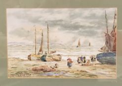 John Hamilton Glass (Scottish 1820 - 1885) Unloading the Catch,  signed, watercolour, 26.5cm x 36.