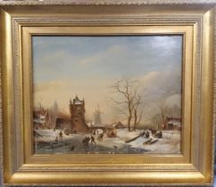 J Spohler (Dutch 1811-1866), Skating on a Winter's Morning, signed, oil on panel, 38cm x 47.5cm