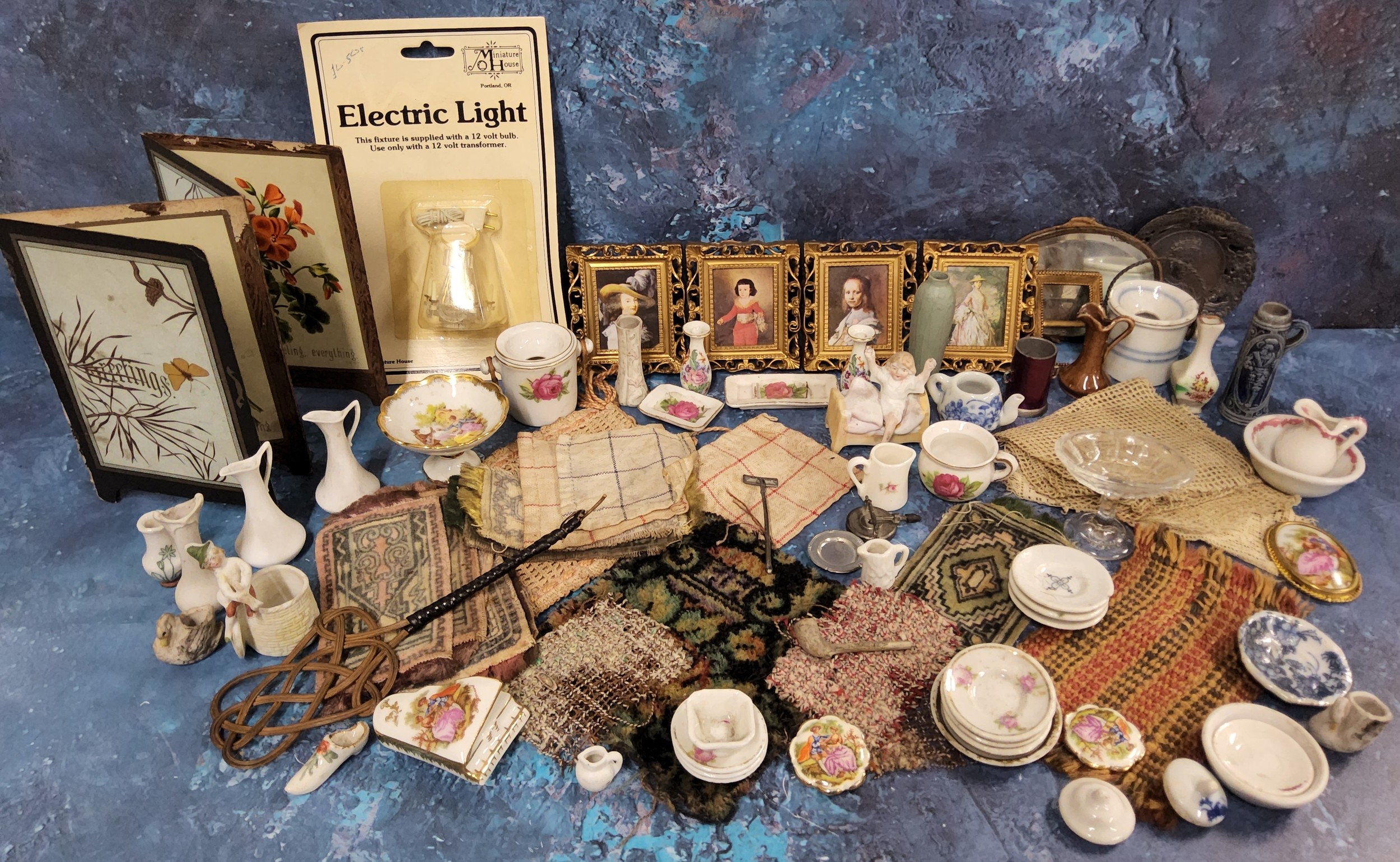 Doll House Accessories - rugs, mats, carpets, carpet beater, ceramics, paintings, etc
