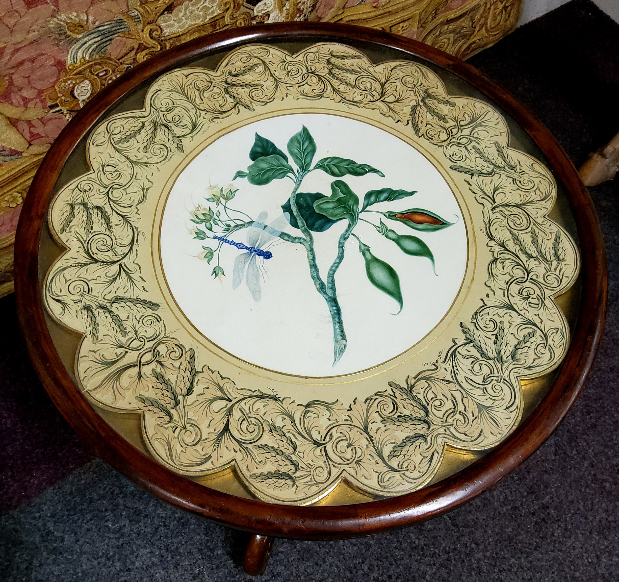 An unusual rosewood wine table, the dished glazed top inset with circular hand painted watercolour - Image 2 of 6