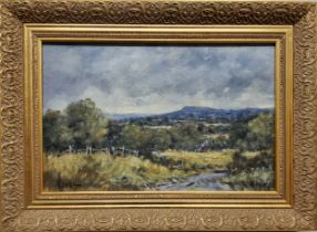 John W Gough (20th century) Harvesting on a Summer Day, signed, oil on board, 24cm x 39cm