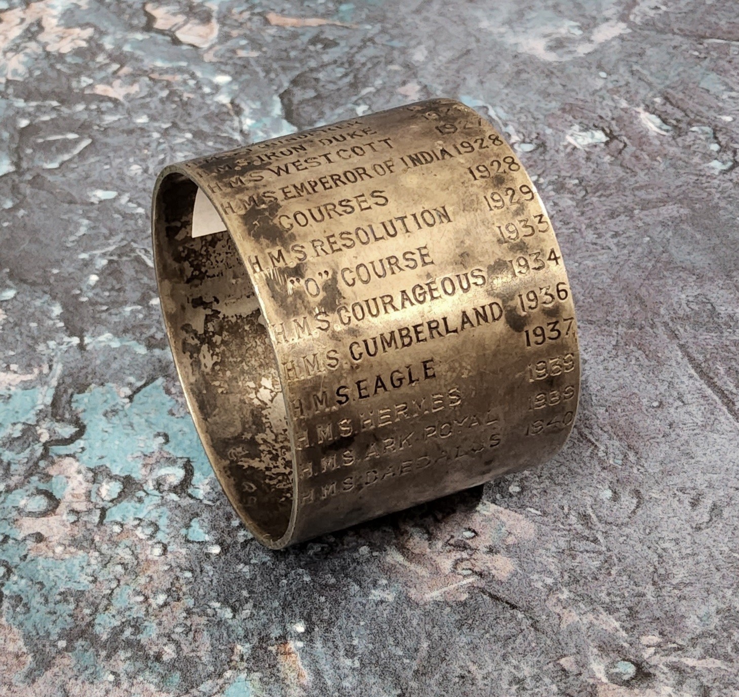 A silver napkin ring, engraved with the ships that A Yeoman served on, HMS Thunder 1925, HMS Iron - Image 2 of 2