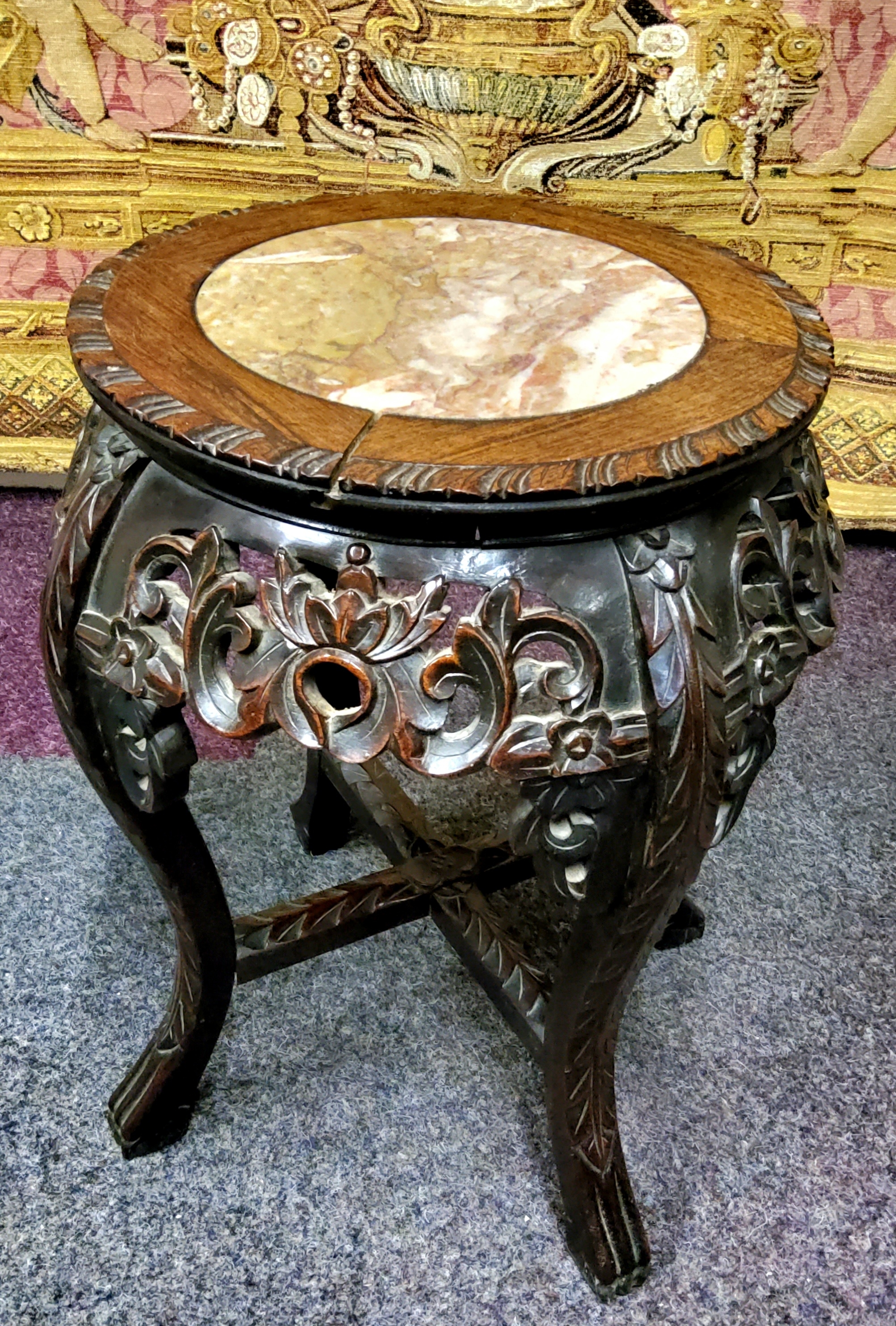 A 19th century Chinese hardwood jardiniere stand, circular top inset with a well figured marble - Image 4 of 4