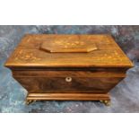 A 19th century sarcophagus mahogany and marquetry sewing box, inlaid with stylised flowers to centre