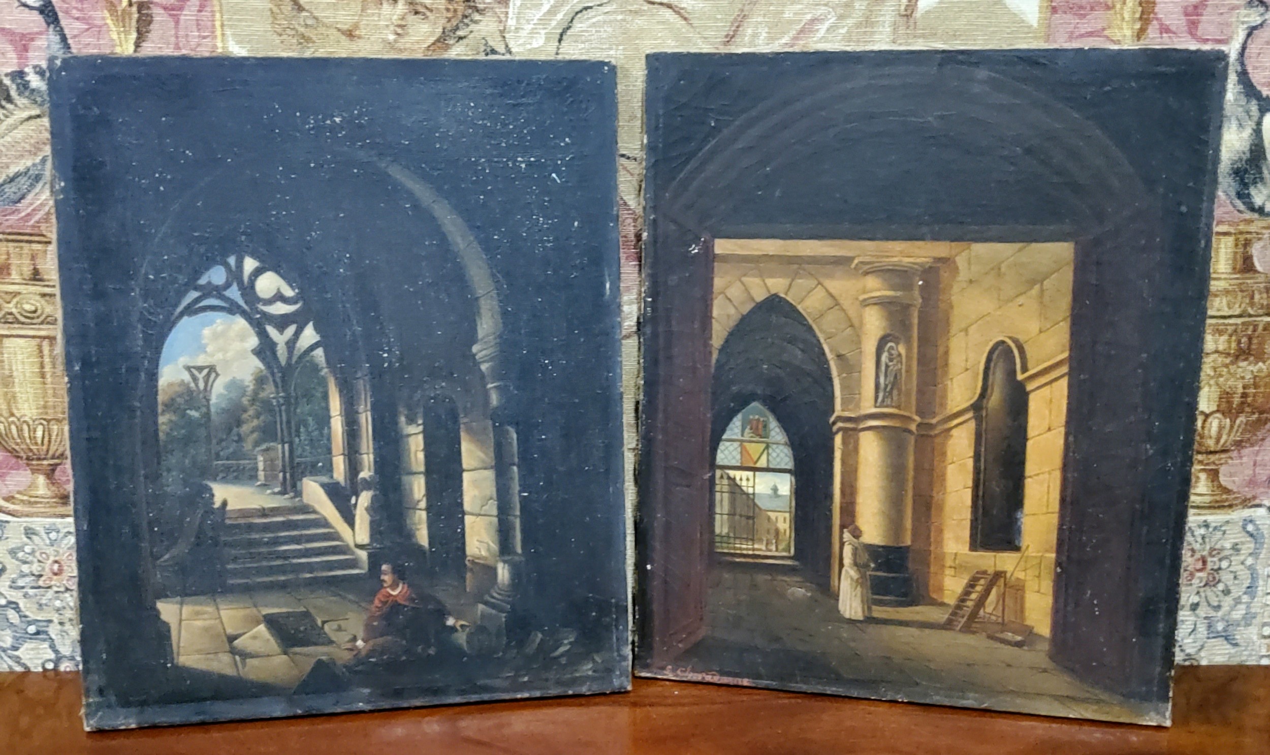 French School (19th Century)  Monastery Interiors At Dusk, a near pair, Indistinctly signed, oil - Image 4 of 5