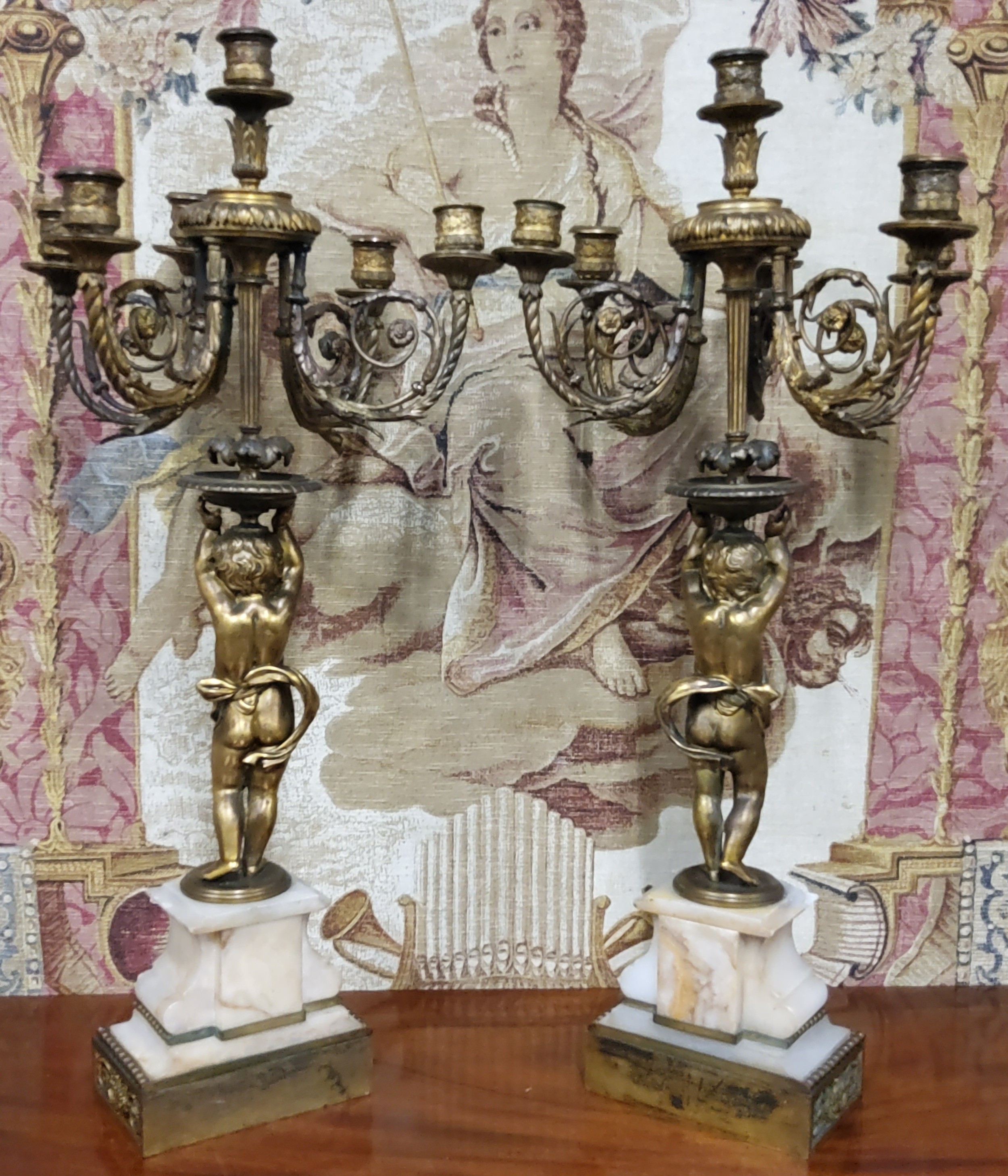 A good pair of 19th century gilt bronze and alabaster five branch, six light candelabras, the ornate - Image 2 of 5