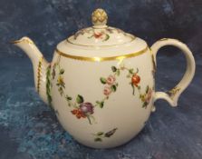 A Bristol teapot and cover, decorated in polychrome, with floral swags, wreath wrapped spout, gilt