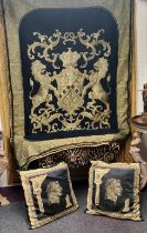 Soft Furnishings - two large square black and buff cushions, with Julius Ceasar and classical