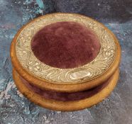 A Victorian silver mounted and oak circular pin cushion, maroon velvet, the silver band embossed