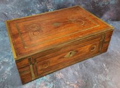 A 19th century Anglo-Indian rectangular work box, inlaid with brass scrolls and bands, the