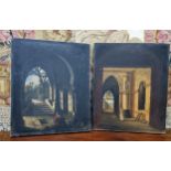 French School (19th Century)  Monastery Interiors At Dusk, a near pair, Indistinctly signed, oil