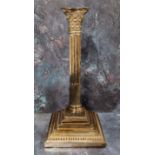 A silver Corinthian column candlestick, stop fluting column, stepped base, bead border, detachable