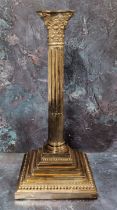 A silver Corinthian column candlestick, stop fluting column, stepped base, bead border, detachable