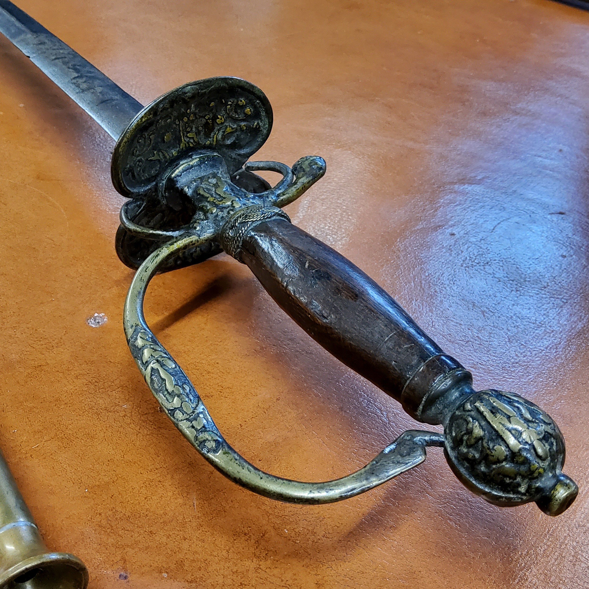 A German officers small sword,  bronze hilt of conventional form, with hardwood handle, the blade - Image 2 of 2