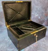 A Victorian green morocco leather stationery box, flush brass handle, fitted interior, Bramah