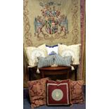 Soft Furnishings - two large burgundy cushions; another, with Versace mask; others, a coat of arms