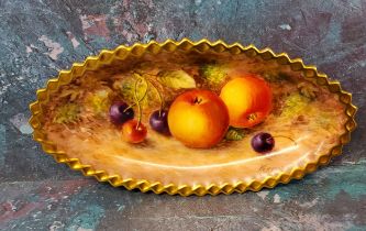 A Royal Worcester oval pin dish, painted by Freeman, with ripe fruit on a mossy bank, 18cm wide,