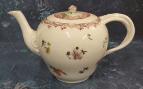 A Bristol teapot and cover,  painted with colourful floral sprigs,  entwined handle, moulded