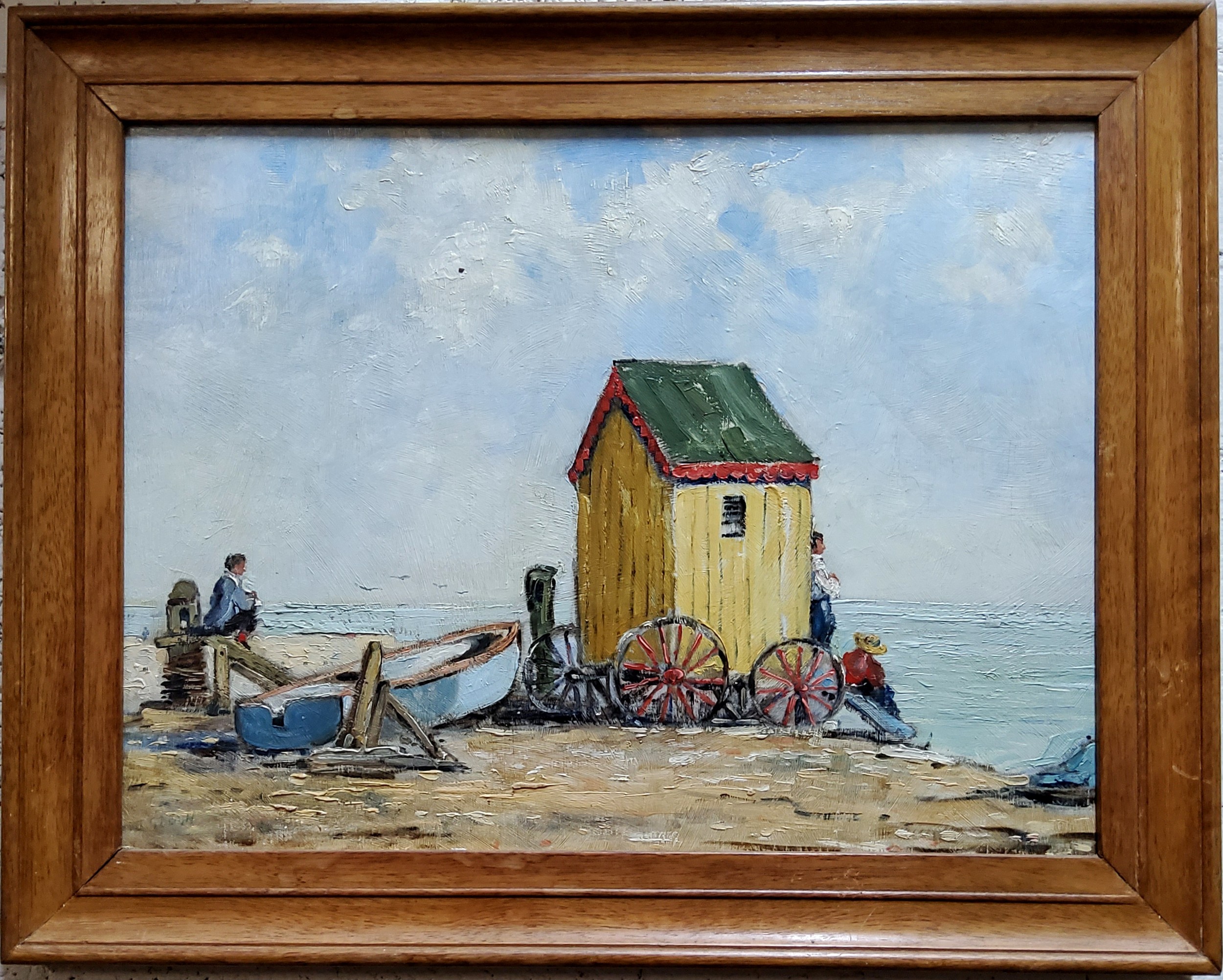 John W Gough (20th century)  Beach Hut on Brighton Beach, signed, oil on board, 29cm x 39cm