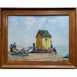 John W Gough (20th century)  Beach Hut on Brighton Beach, signed, oil on board, 29cm x 39cm