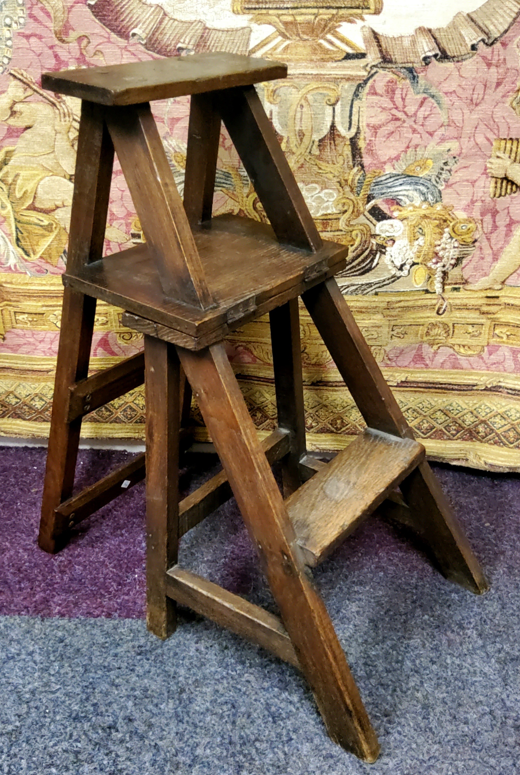 An early 20th century metamorphic library chair, the hinged back splat folds to make a set of - Image 3 of 4