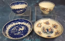 A Worcester The Waiting China man pattern tea bowl and saucer,  painted and overpainted with